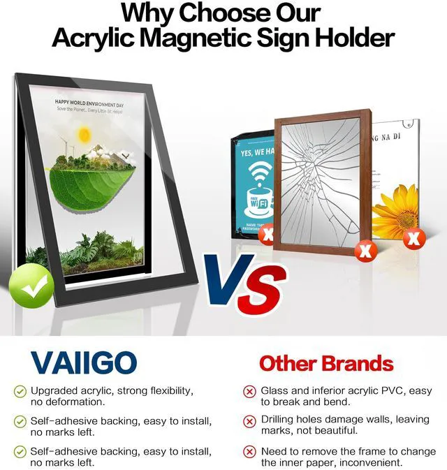 Alt view image 3 of 7 - Acrylic Sign Holder 8.5 x 11 Wall Mount, Magnetic Sign Holder, Black Magnetic Display Frame, Self-Adhesive Nano Tape, Clear Acrylic Sign Holder, Wall Mount for Glass Doors, 20 Pack