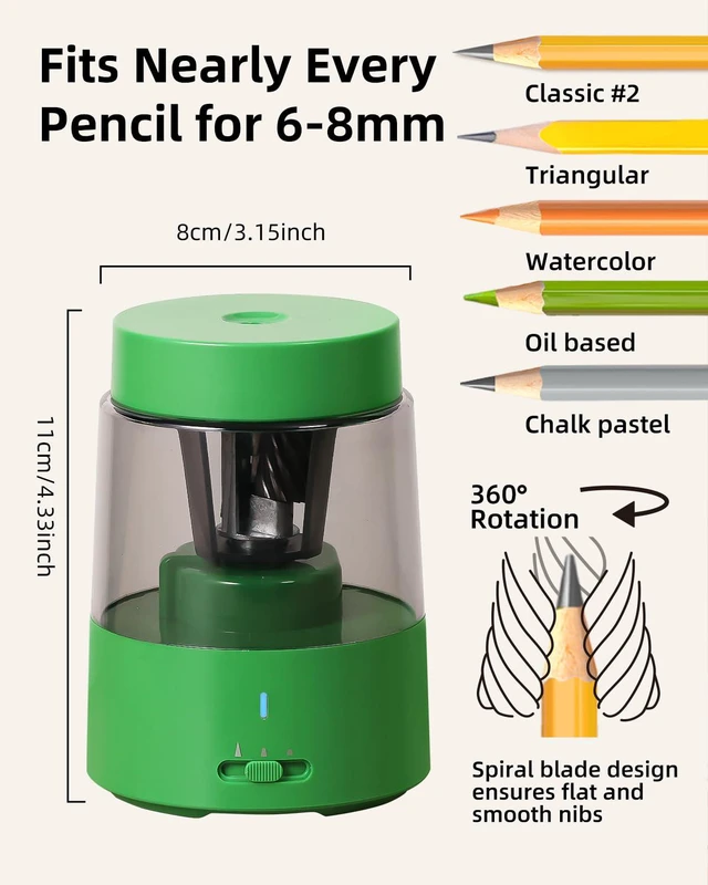 Alt view image 2 of 7 - Rechargeable Electric Pencil Sharpener, Auto Stop, Green Suitable for No.2/Colored (6-8mm), Fast Sharpen,3 Adjustable Modes,Automatic for Teachers/Classroom/Office/Home/Art Studio