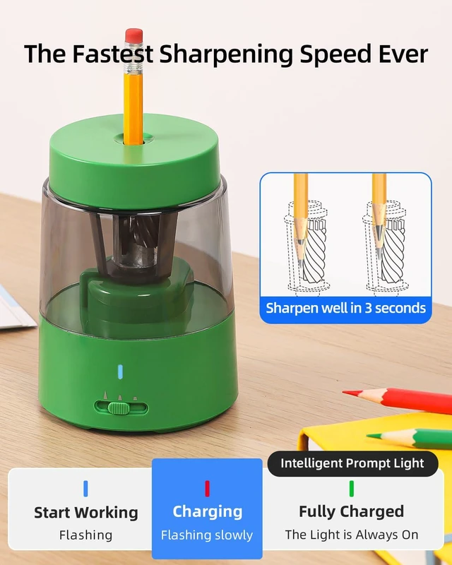 Alt view image 6 of 7 - Rechargeable Electric Pencil Sharpener, Auto Stop, Green Suitable for No.2/Colored (6-8mm), Fast Sharpen,3 Adjustable Modes,Automatic for Teachers/Classroom/Office/Home/Art Studio