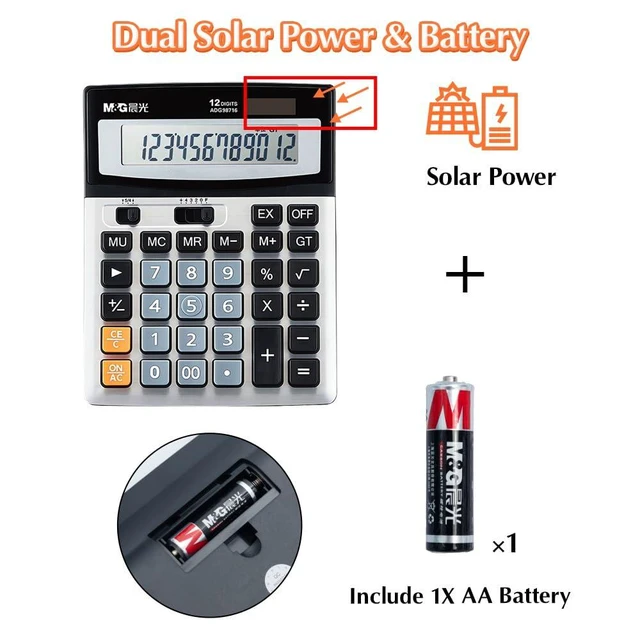 Alt view image 3 of 7 - Desk Calculator 12 Digit Extra Large LCD Display Calculators, Dual Solar Power and Battery, Battery Included, Metal Panel Comfort Button Calculator for Office Home
