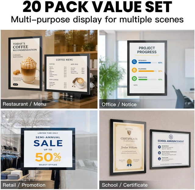 Alt view image 7 of 7 - Acrylic Sign Holder 8.5 x 11 Wall Mount, Magnetic Sign Holder, Black Magnetic Display Frame, Self-Adhesive Nano Tape, Clear Acrylic Sign Holder, Wall Mount for Glass Doors, 20 Pack