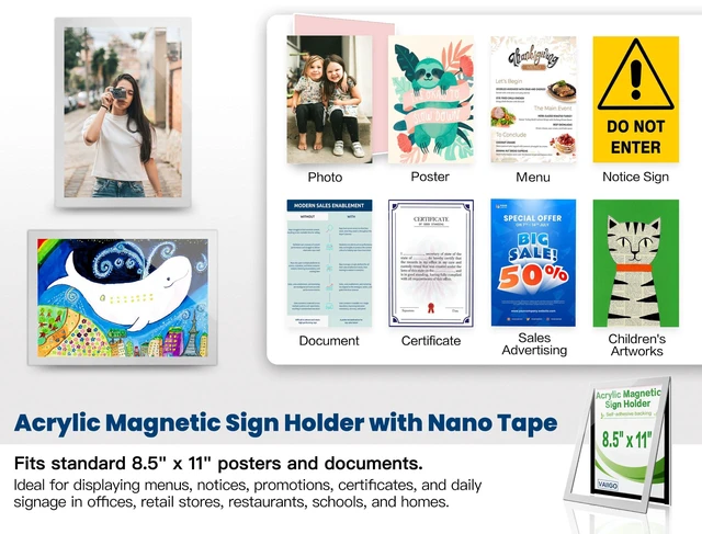 Alt view image 2 of 7 - Acrylic Sign Holder 8.5 x 11 Wall Mount, Magnetic Sign Holder Silver Magnetic Display Frame, Self-Adhesive Nano Tape, Clear Acrylic Sign Holder, Wall Mount for Glass, Doors, 20 Pack