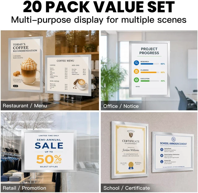 Alt view image 3 of 7 - Acrylic Sign Holder 8.5 x 11 Wall Mount, Magnetic Sign Holder Silver Magnetic Display Frame, Self-Adhesive Nano Tape, Clear Acrylic Sign Holder, Wall Mount for Glass, Doors, 20 Pack