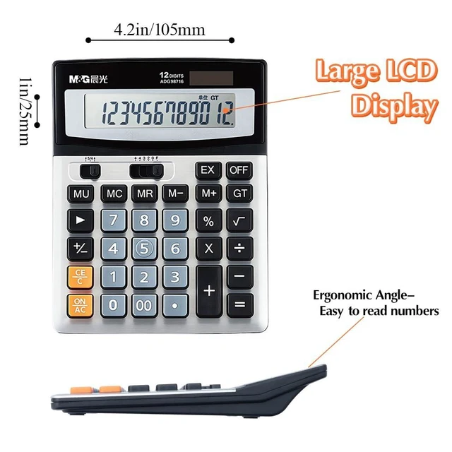 Alt view image 4 of 7 - Desk Calculator 12 Digit Extra Large LCD Display Calculators, Dual Solar Power and Battery, Battery Included, Metal Panel Comfort Button Calculator for Office Home