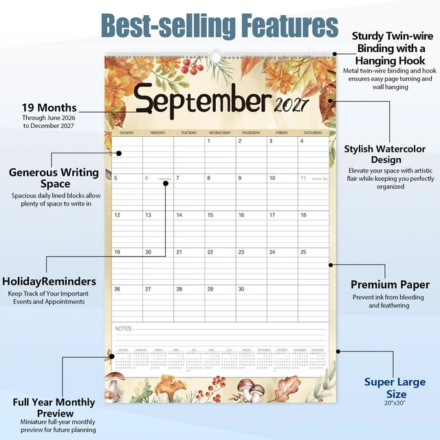 Alt view image 2 of 7 - 2026 Large Wall Calendar,20"x 30" Vertical Jumbo Hanging Wall Planner,19 Monthly Calendar from Jun. 2026 to Dec. 2027 with Lines,Spiral Binding and Notes for Easy Organizing