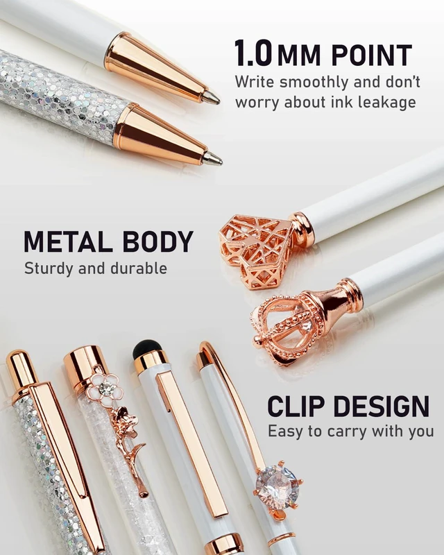 Alt view image 2 of 7 - 8Pcs Fancy Pens Set, Metal Crystal Diamond Pens White With Black & Blue Ink, Glitter Design for Journaling, Office Supplies, School Use & Gifts for Women