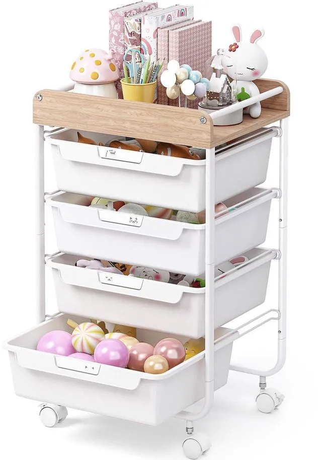 Main image of Rolling Storage Utility Cart with 4 Drawers,Art Cart,White Kids Craft Cart,Makeup Organizer and Storage with Wooden Tabletop