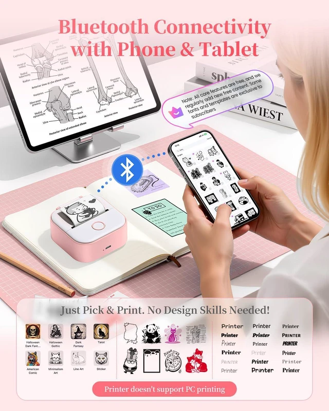 Alt view image 4 of 7 - Sticker Printer, T02 Portable Mini Printer Gifts for Teen Girls Sticker Maker Machine Mini Thermal Printer, Bluetooth Label Printer Photo Printer Sticker Box for Study Note, Journaling, DIY
