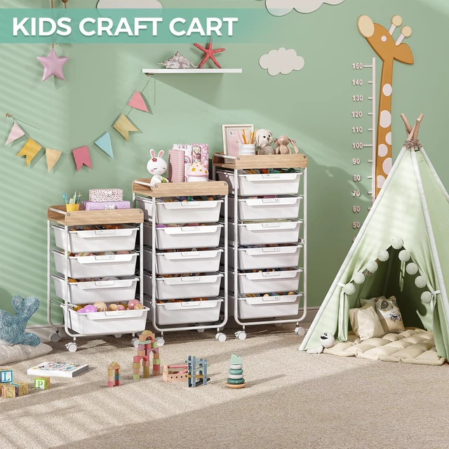 Alt view image 5 of 7 - Rolling Storage Utility Cart with 4 Drawers,Art Cart,White Kids Craft Cart,Makeup Organizer and Storage with Wooden Tabletop