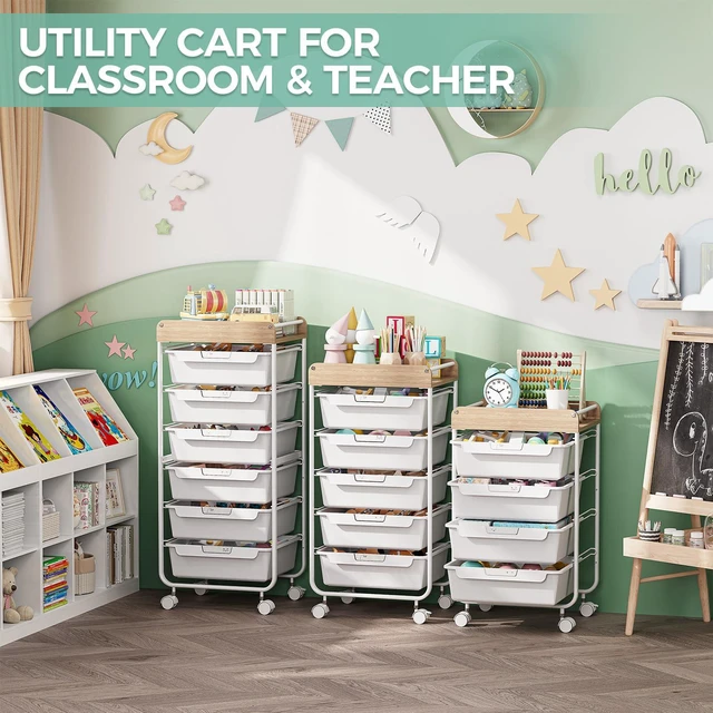 Alt view image 6 of 7 - Rolling Storage Utility Cart with 4 Drawers,Art Cart,White Kids Craft Cart,Makeup Organizer and Storage with Wooden Tabletop