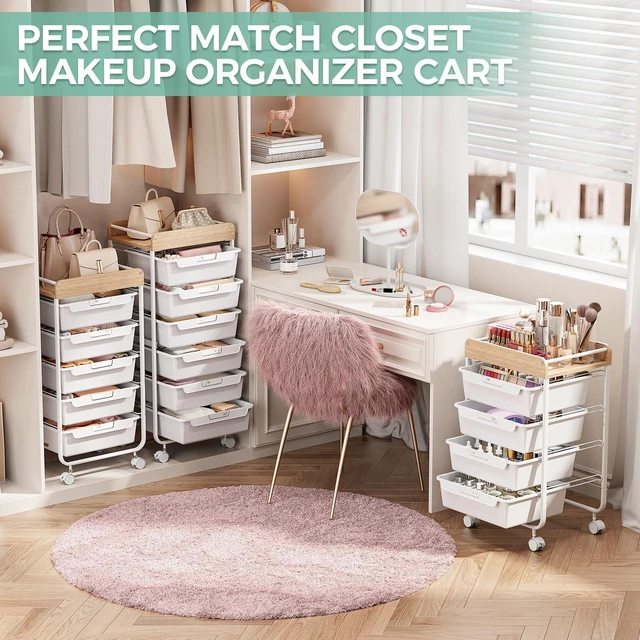 Alt view image 7 of 7 - Rolling Storage Utility Cart with 4 Drawers,Art Cart,White Kids Craft Cart,Makeup Organizer and Storage with Wooden Tabletop