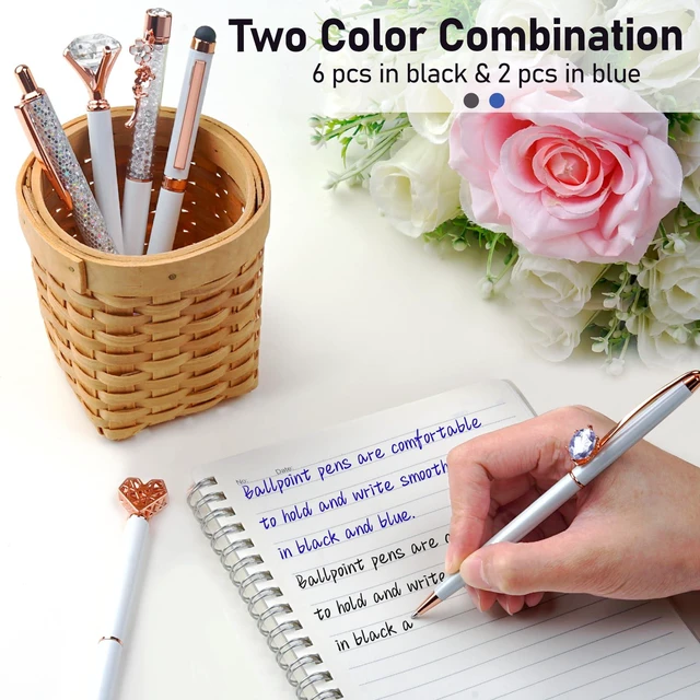 Alt view image 4 of 7 - 8Pcs Fancy Pens Set, Metal Crystal Diamond Pens White With Black & Blue Ink, Glitter Design for Journaling, Office Supplies, School Use & Gifts for Women