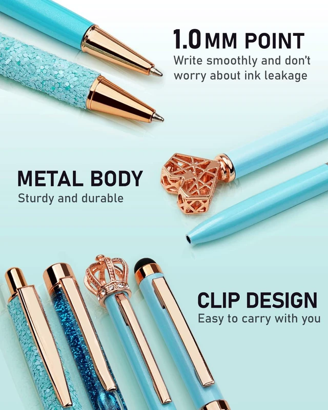 Alt view image 4 of 7 - 8Pcs Blue Pens, Metal Crystal Diamond Pens with Black & Blue Ink Cute Fancy Pens for Journaling, Office Supplies, Gifts for Women Girls, Birthday & Back to School Supplies
