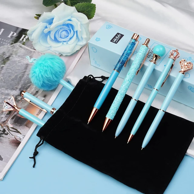 Alt view image 3 of 7 - 8Pcs Blue Pens, Metal Crystal Diamond Pens with Black & Blue Ink Cute Fancy Pens for Journaling, Office Supplies, Gifts for Women Girls, Birthday & Back to School Supplies