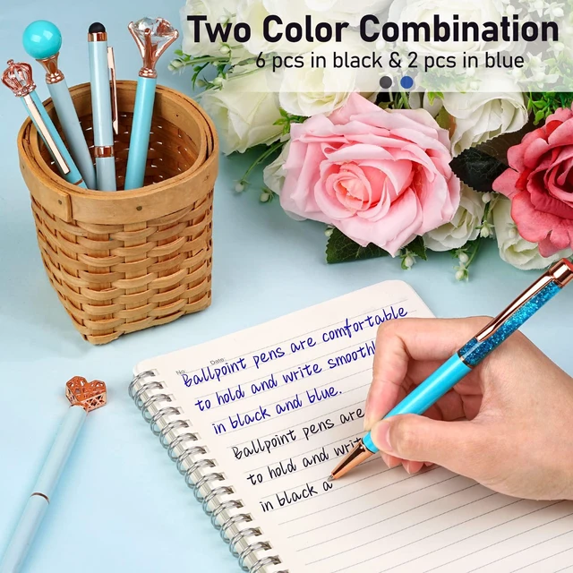Alt view image 5 of 7 - 8Pcs Blue Pens, Metal Crystal Diamond Pens with Black & Blue Ink Cute Fancy Pens for Journaling, Office Supplies, Gifts for Women Girls, Birthday & Back to School Supplies
