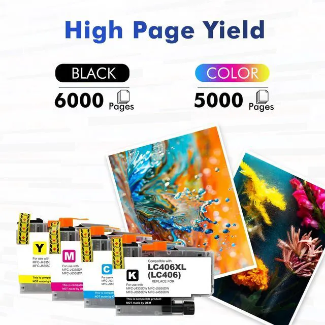Alt view image 3 of 7 - LC406 LC406XL Ink Cartridges for Brother Printer MFC-J5855DW MFC-J4335DW Compatible for 406XL LC 406 XL for Brother MFC-J6555DW MFC-J4535DW MFC-J6955DW MFC-J4345DW - 4 Pack Black Cyan Magenta Yellow
