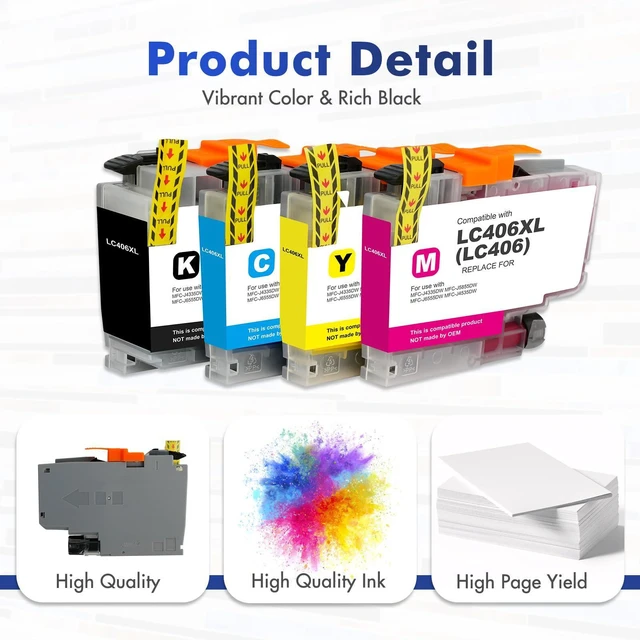 Alt view image 7 of 7 - LC406 LC406XL Ink Cartridges for Brother Printer MFC-J5855DW MFC-J4335DW Compatible for 406XL LC 406 XL for Brother MFC-J6555DW MFC-J4535DW MFC-J6955DW MFC-J4345DW - 4 Pack Black Cyan Magenta Yellow