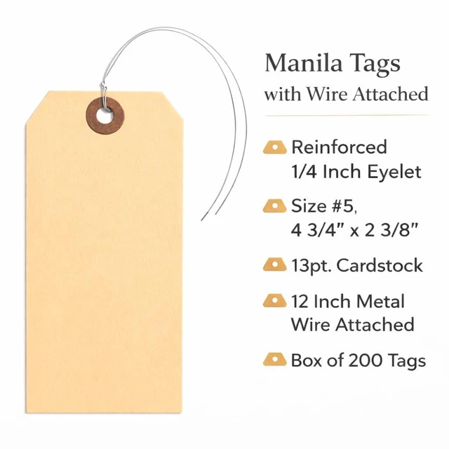Alt view image 2 of 7 - Durable Shipping Tags with Wire Ties 200 Tags # 5, 4 3/4" x 2 3/8" Manila Paper Tags with Wire and Reinforced Eyelet