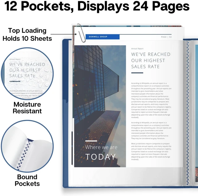 Alt view image 3 of 7 - Presentation Binder 12-Pocket, Displays 24 Pages, 8.5x11 Portfolio Binder with Plastic Sleeves, Storage and Organizer for Documents, Certificates, Projects, Photos (6 Pack, Blue)