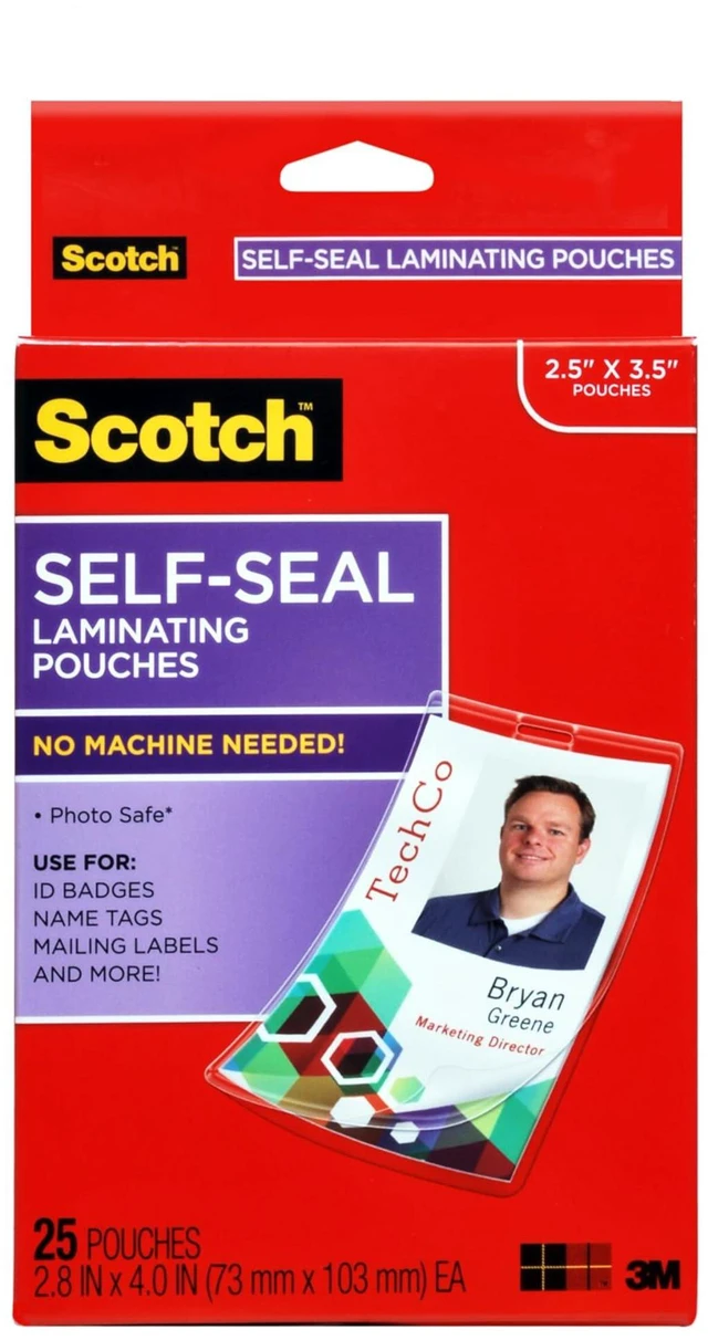 Main image of Self-Sealing Laminating Pouches, 2.25 Inches x 3.5 Inches 25 Pouches, ID Badge Protectors Includes Clips, Great for Gift Tags