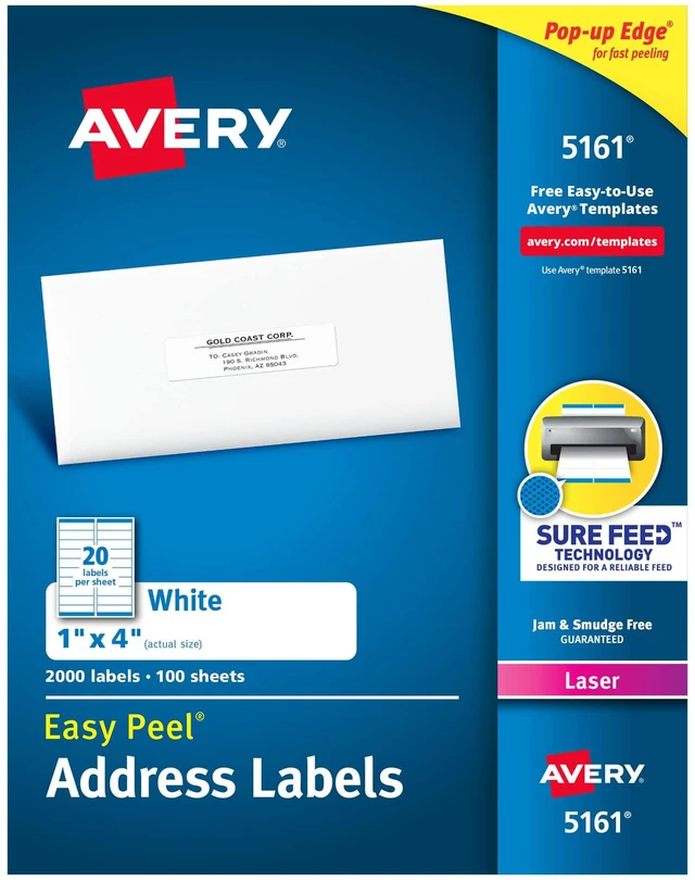 Main image of ® Easy Peel Printable Address Labels with Sure Feed®, 1" x 4", White, 2,000 Blank Mailing Labels for Laser Printers (5161)