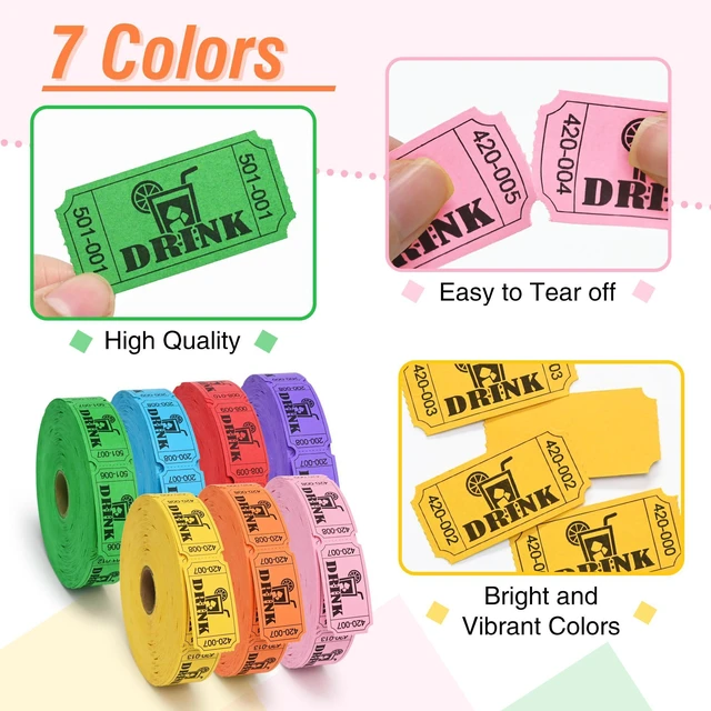 Alt view image 4 of 5 - 7000 Raffle Tickets Rolls, Drink Tickets Single Roll for Events, Leisure, Movie Watching, Entertainment, Class Reward & Prizes, Blue/Yellow/Pink/Green/Purple/Pink/Orange
