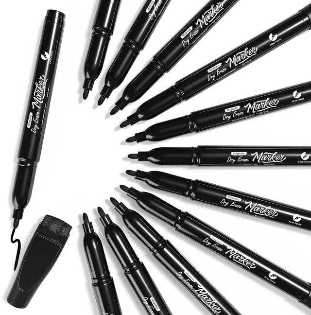 Main image of 12 Pack Magnetic Dry Erase Markers Black Fine Tip Whiteboard Markers with Eraser Cap Thin Low Odor Skinny White Board Markers for Adults Students Teachers Art Home School & Office