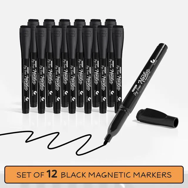 Alt view image 3 of 7 - 12 Pack Magnetic Dry Erase Markers Black Fine Tip Whiteboard Markers with Eraser Cap Thin Low Odor Skinny White Board Markers for Adults Students Teachers Art Home School & Office