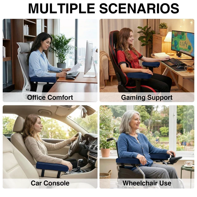 Alt view image 7 of 7 - Memory Foam Office Chair Armrest Pads, Non-Slip Armrest Cushion Ergonomic Arm Rest Pads with Adjustable Buckles and Straps, Elbow Relief for Desk, Gaming & Wheelchair, Navy, Set of 2