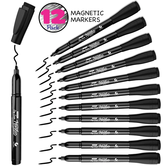 Alt view image 6 of 7 - 12 Pack Magnetic Dry Erase Markers Black Fine Tip Whiteboard Markers with Eraser Cap Thin Low Odor Skinny White Board Markers for Adults Students Teachers Art Home School & Office