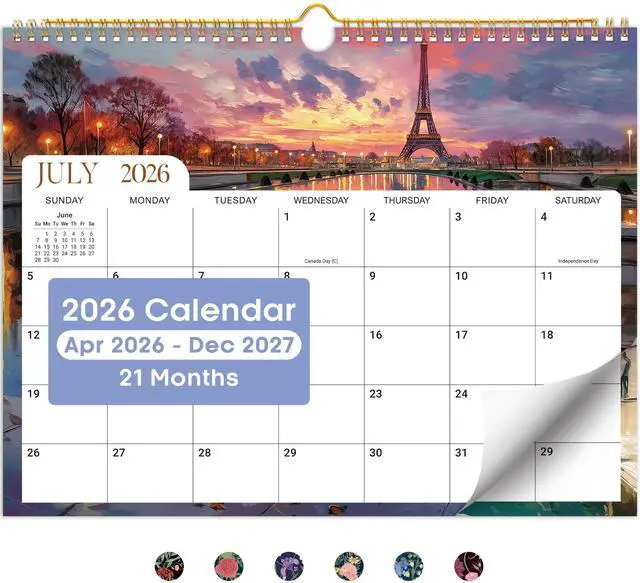 Main image of Calendar 2026-2027, Apr 2026-Dec 2027, Wall Calendar, 14.7" x 11.5" 21-Month Monthly Calendar with Twin-Wire Binding for Home & Office Planning and Organization, Global Attractions