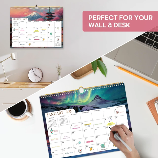 Alt view image 6 of 7 - Calendar 2026-2027, Apr 2026-Dec 2027, Wall Calendar, 14.7" x 11.5" 21-Month Monthly Calendar with Twin-Wire Binding for Home & Office Planning and Organization, Global Attractions