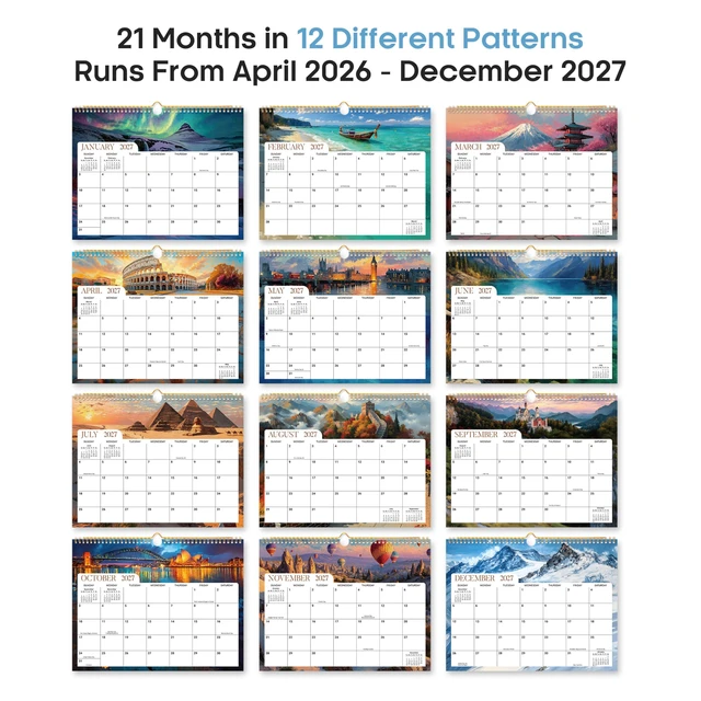 Alt view image 7 of 7 - Calendar 2026-2027, Apr 2026-Dec 2027, Wall Calendar, 14.7" x 11.5" 21-Month Monthly Calendar with Twin-Wire Binding for Home & Office Planning and Organization, Global Attractions