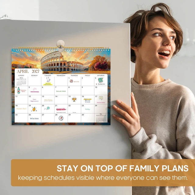 Alt view image 5 of 7 - Calendar 2026-2027, Apr 2026-Dec 2027, Wall Calendar, 14.7" x 11.5" 21-Month Monthly Calendar with Twin-Wire Binding for Home & Office Planning and Organization, Global Attractions