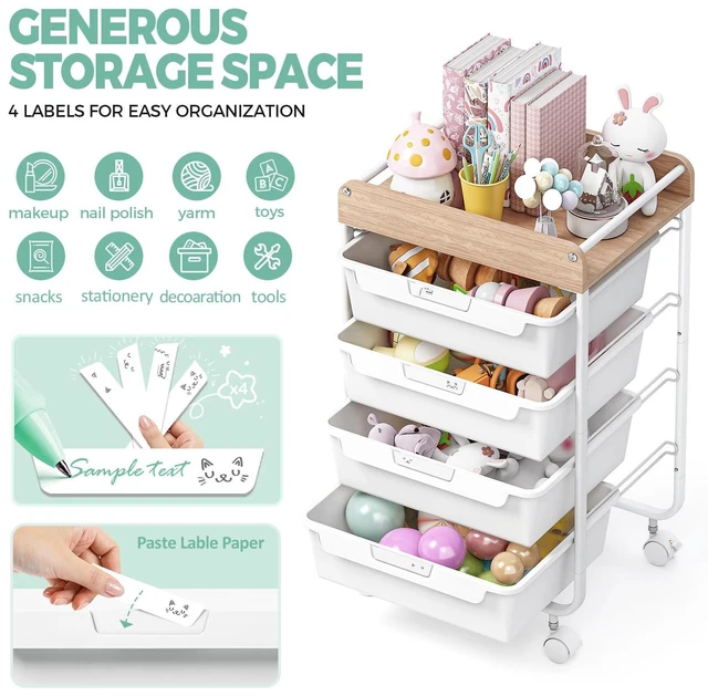 Alt view image 2 of 7 - Rolling Storage Utility Cart with 4 Drawers,Art Cart,White Kids Craft Cart,Makeup Organizer and Storage with Wooden Tabletop