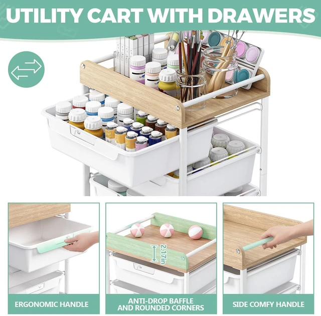 Alt view image 3 of 7 - Rolling Storage Utility Cart with 4 Drawers,Art Cart,White Kids Craft Cart,Makeup Organizer and Storage with Wooden Tabletop