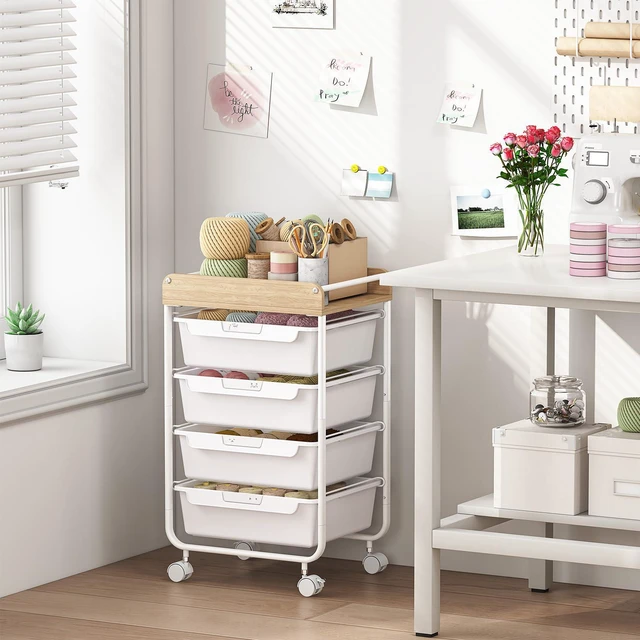 Alt view image 4 of 7 - Rolling Storage Utility Cart with 4 Drawers,Art Cart,White Kids Craft Cart,Makeup Organizer and Storage with Wooden Tabletop