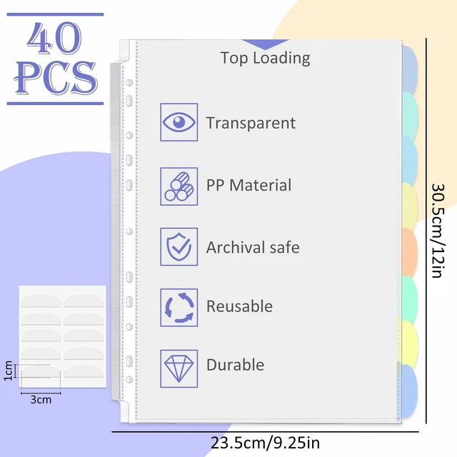 Alt view image 2 of 7 - 5 Set of 40 Pack A4 Plastic Sleeves Binder Index Dividers Pocket Dividers for 2/3/4 Ring Binder with 8 TabsClear Plastic Sheet Protectors Paper Organizer for School Home Office