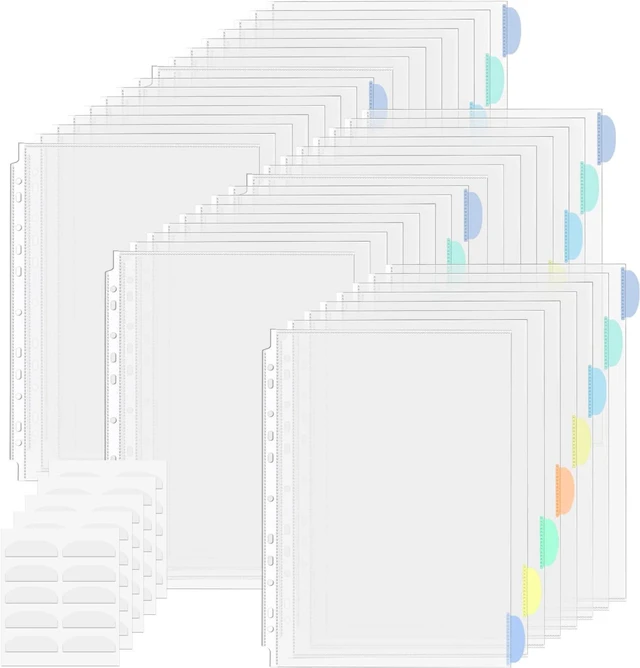 Main image of 5 Set of 40 Pack A4 Plastic Sleeves Binder Index Dividers Pocket Dividers for 2/3/4 Ring Binder with 8 TabsClear Plastic Sheet Protectors Paper Organizer for School Home Office