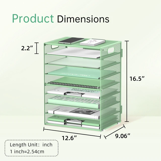 Alt view image 2 of 6 - 9-Tier Paper Organizer for Desk, Metal Letter Tray with Handles, Mint Green Desk File Organizer with Removable Trays for Sorting Files, Folders, Mail and Printer Paper at Home, School or Office