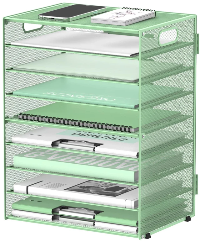 Main image of 9-Tier Paper Organizer for Desk, Metal Letter Tray with Handles, Mint Green Desk File Organizer with Removable Trays for Sorting Files, Folders, Mail and Printer Paper at Home, School or Office