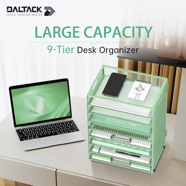 Alt view image 3 of 6 - 9-Tier Paper Organizer for Desk, Metal Letter Tray with Handles, Mint Green Desk File Organizer with Removable Trays for Sorting Files, Folders, Mail and Printer Paper at Home, School or Office