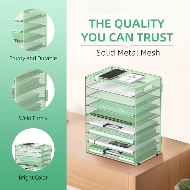Alt view image 4 of 6 - 9-Tier Paper Organizer for Desk, Metal Letter Tray with Handles, Mint Green Desk File Organizer with Removable Trays for Sorting Files, Folders, Mail and Printer Paper at Home, School or Office