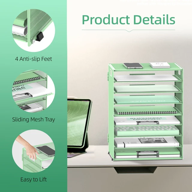 Alt view image 5 of 6 - 9-Tier Paper Organizer for Desk, Metal Letter Tray with Handles, Mint Green Desk File Organizer with Removable Trays for Sorting Files, Folders, Mail and Printer Paper at Home, School or Office