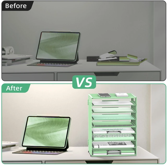 Alt view image 6 of 6 - 9-Tier Paper Organizer for Desk, Metal Letter Tray with Handles, Mint Green Desk File Organizer with Removable Trays for Sorting Files, Folders, Mail and Printer Paper at Home, School or Office