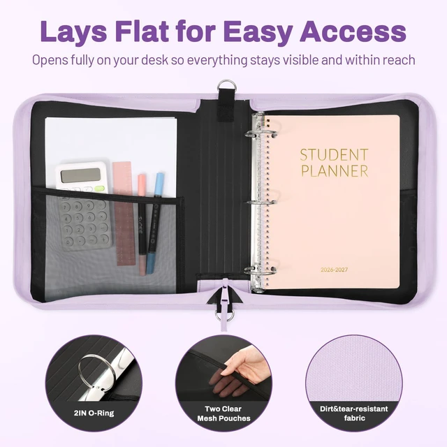 Alt view image 4 of 7 - Zipper Binder 3 Ring 2-Inch in Lavender Purple Features a Shoulder Strap, 13 Inch Laptop Pocket, with Multiple Storage Pockets. Ideal Organizer for Middle School Students