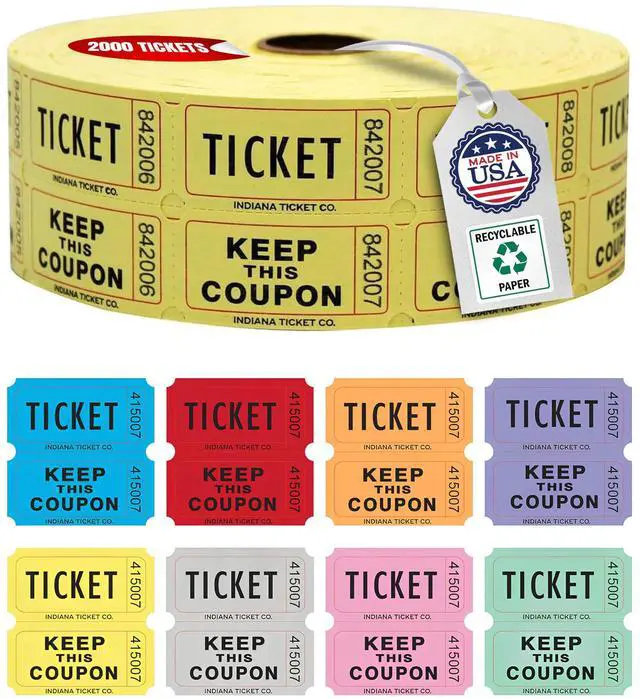 Main image of Raffle Tickets Roll, 50/50, Yellow, 2000 Tickets per Roll Made in USA Premium raffle tickets roll, ideal for 50/50 raffles, fundraisers, door prizes, school carnivals, parties, community events