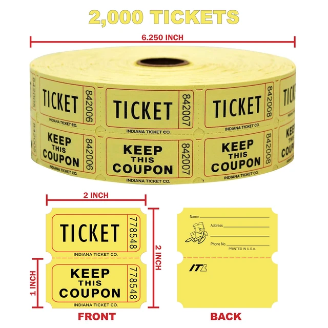 Alt view image 2 of 6 - Raffle Tickets Roll, 50/50, Yellow, 2000 Tickets per Roll Made in USA Premium raffle tickets roll, ideal for 50/50 raffles, fundraisers, door prizes, school carnivals, parties, community events