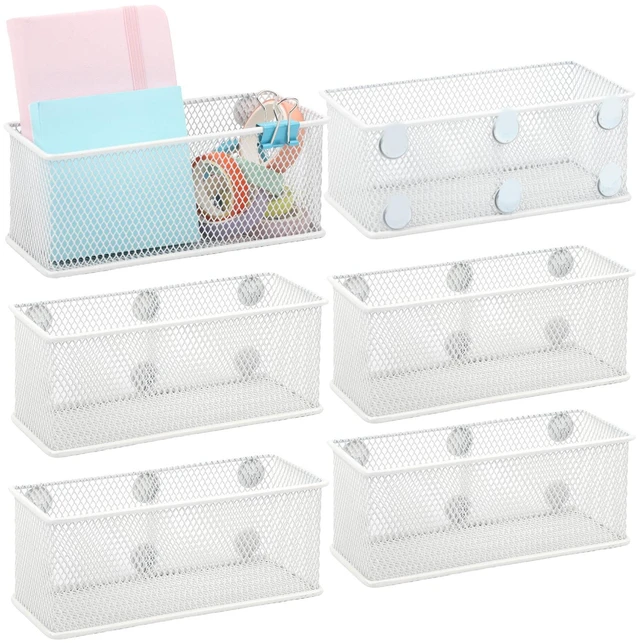 Main image of Magnetic Pencil Holder Set of 6 - Wire Mesh Storage Baskets Organizer with Strong Magnets - Perfect for Whiteboard, Refrigerator and Locker Accessories, White