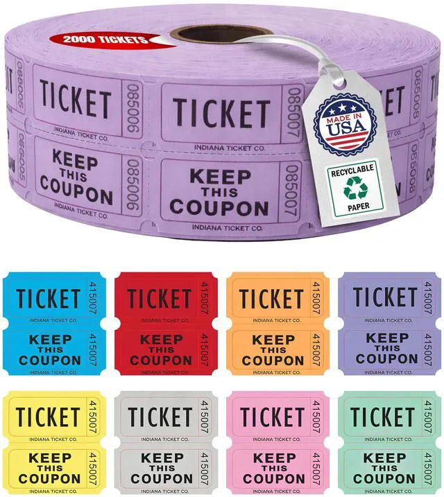 Main image of Raffle Tickets Roll, 50/50, Purple, 2000 Tickets per Roll Made in USA Premium raffle tickets roll, ideal for 50/50 raffles, fundraisers, door prizes, school carnivals, parties, community events